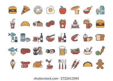 Colección de iconos de diseño plano con hamburguesa, pizza, sushi y varias bebidas.