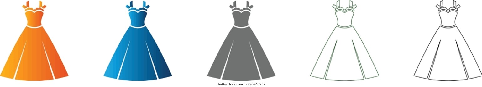 Una colección de iconos de diseño plano con vestidos de baile en varios estilos, presentados como un conjunto de iconos consistentes con contornos de Vector negro sólido, aislados en blanco.