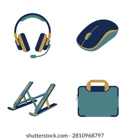 Collection of flat design icons featuring a headset computer mouse ski rack and briefcase for business and technology concepts