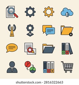 Collection of flat design icons for household and office items including tools tools and accessories