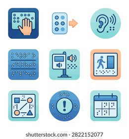 A collection of flat design icons illustrating accessibility tools and symbols for the blind including braille reading, auditory signals, and tactile navigation.