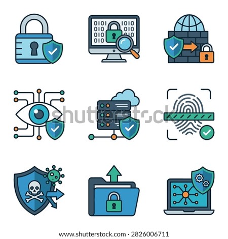A collection of flat design icons illustrating cybersecurity themes like data encryption, network security, and threat detection.