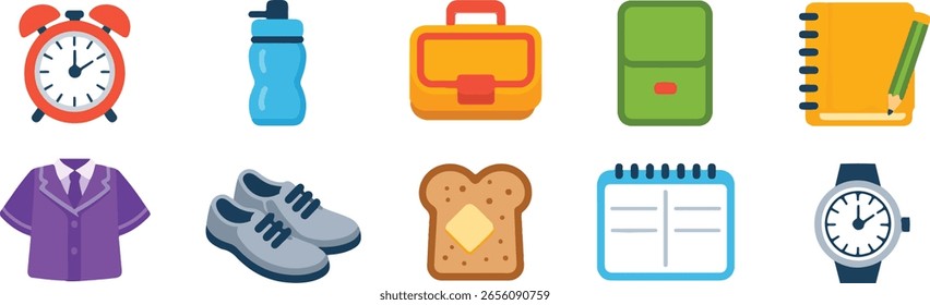 Colección de iconos de diseño plano que incluyen un despertador, botella de agua, maletín, mochila, cuaderno con lápiz, camisa, zapatos, tostadas, calendario y reloj de pulsera.