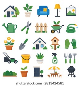 Collection of flat design icons including homes vehicles plants and household items