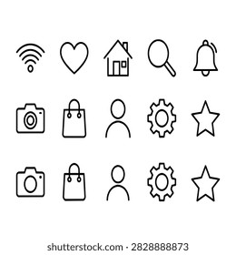 Collection of flat design icons including wifi, heart, house, search, bell, camera, bag, person, gear, star. UI elements for digital interfaces, web, mobile apps.