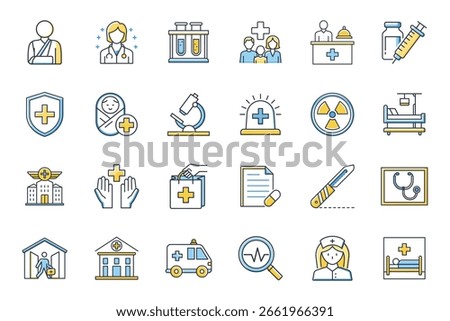 A collection of flat design icons related to healthcare and medicine in blue and yellow colors.