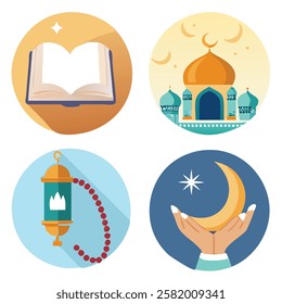 A collection of flat design icons representing important Islamic symbols.