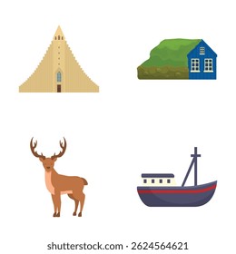 Collection of flat design icons representing icelandic culture including buildings, animals, and a boat