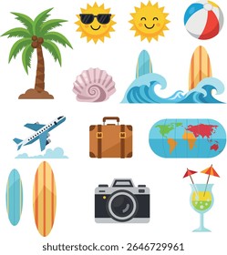 Coleção de ícones de design plano representando verão, viagens e férias.