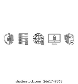 Eine Sammlung flacher Designsymbole, die verschiedene Aspekte der Cybersicherheit und des Datenschutzes darstellen. Die Symbole enthalten ein Schild wi
