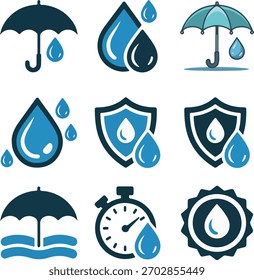 Uma coleção de ícones de design plano que representam conceitos impermeáveis e resistentes à água, incluindo guarda-chuvas, gotas de água, escudos e um cronômetro.
