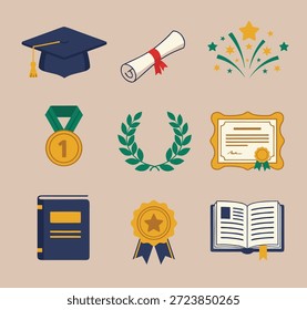 Eine Sammlung flacher Designsymbole, die Abschluss, Ausbildung und Leistung darstellen.