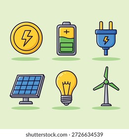 Colección de iconos de diseño plano que representan fuentes de energía renovables y electricidad.