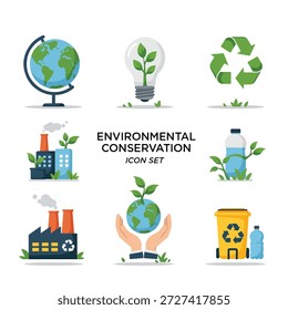 Uma coleção de ícones de design plano que representam a conservação ambiental, incluindo um globo, lâmpada com planta, símbolo de reciclagem, fábricas e garrafa de água.