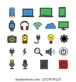 Eine Sammlung von flachen Design-Symbolen, die verschiedene technische Gadgets und Zubehör darstellen, darunter Smartphones, Laptops, Kopfhörer und mehr.