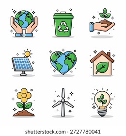 Collection of flat design icons representing environmental protection, sustainability, and green energy concepts.