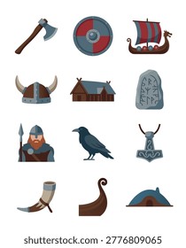 A collection of flat design icons representing the Viking age, including a longship, helmet, axe, and warrior.
