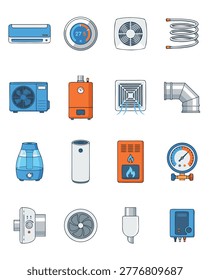 A collection of flat design icons representing various HVAC system components and related equipment.