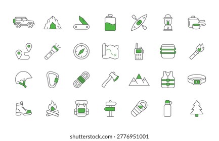 A collection of flat design icons representing outdoor adventure and camping equipment in a green and gray color palette. The icons include a car, tent, knife, backpack, kayak, lantern, sleeping bag