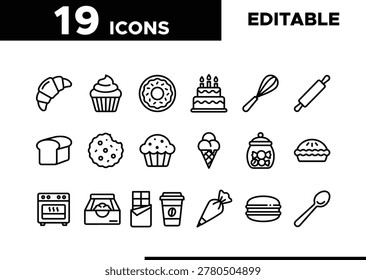 Collection of flat design icons representing various bakery items and baking tools. Includes pastries, cakes, bread, and kitchen utensils.