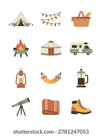 Collection of flat design icons representing camping and outdoor activities.