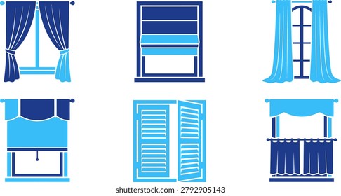 Collection of flat design icons representing various windows and curtains. Ideal for interior design home decor and architecture.