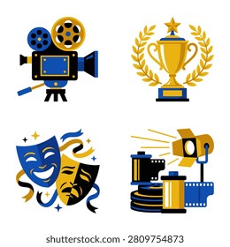 A collection of flat design icons representing the entertainment industry including a vintage video camera golden award cup comedy tragedy masks and film canisters