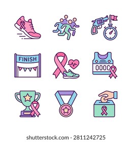 A collection of flat design icons representing elements of a breast cancer awareness running event including shoes ribbons finish line medal trophy and donation box