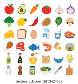 Collection of flat design icons representing various foods fruits vegetables and beverages