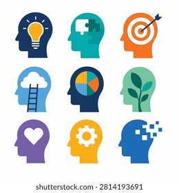 Collection of flat design icons representing brainstorming creativity and ideas with lightbulbs and gears