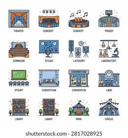 Collection of flat design icons representing different entertainment venues and locations
