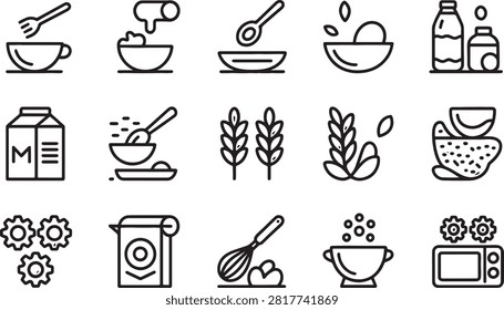 Collection of flat design icons representing various cooking ingredients and kitchen tools isolated on transparent background