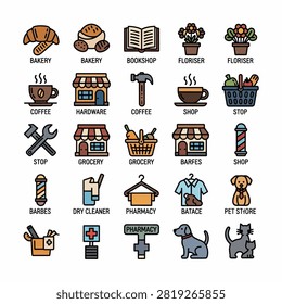 Collection of flat design icons representing different types of retail stores and shops