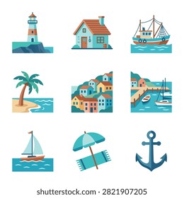 A collection of flat design icons representing nautical and coastal themes including a lighthouse, house, sailboat, beach, and anchor.