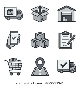 A collection of flat design icons representing various aspects of logistics, shipping, and delivery services