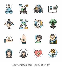 Collection of flat design icons representing various human activities and concepts