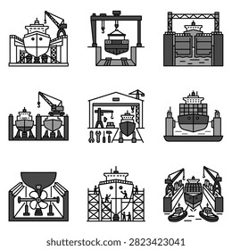 Collection of flat design icons representing ship construction and repair processes in a shipyard