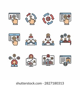 Collection of flat design icons representing various human activities and universal symbols