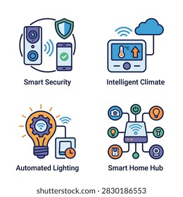 Collection of flat design icons representing smart home automation features like security climate lighting and hub control