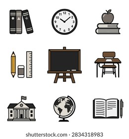 A collection of flat design icons representing school and education elements like books, clock, apple, desk, and globe.