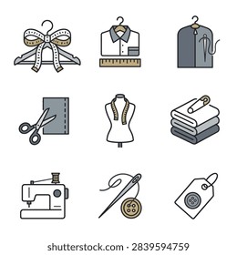 A collection of flat design icons representing sewing and tailoring tools and concepts.