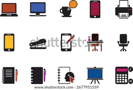 A collection of flat design icons representing essential office supplies and modern technology devices. Perfect for digital presentations, websites, and mobile apps focused on work and productivity.