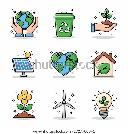 Collection of flat design icons representing environmental protection, sustainability, and green energy concepts.
