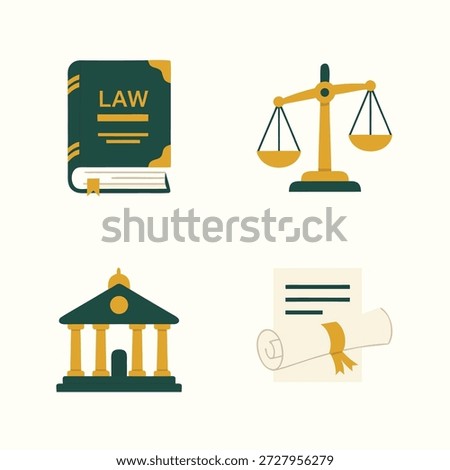Collection of flat design icons representing law, justice, and legal concepts.