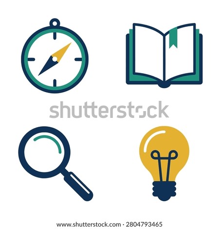 A collection of flat design icons representing exploration knowledge research and creativity with a compass open book magnifying glass and glowing light bulb on a white background