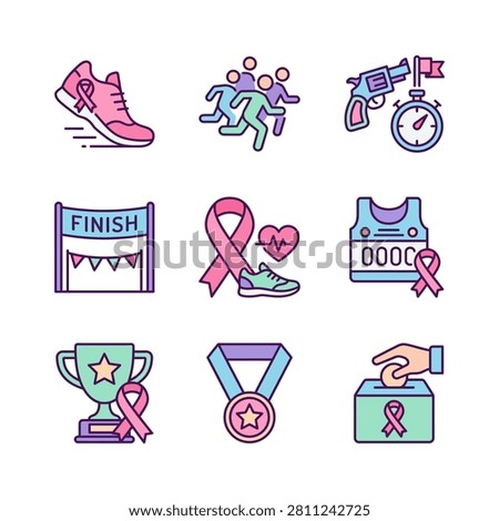 A collection of flat design icons representing elements of a breast cancer awareness running event including shoes ribbons finish line medal trophy and donation box