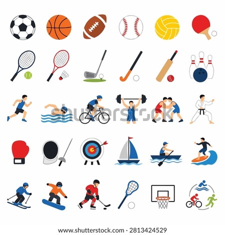 Collection of flat design icons representing various daily activities and common objects