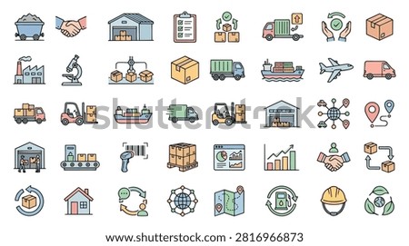 A collection of flat design icons representing logistics, shipping, and delivery services. Includes trucks, ships, airplanes, warehouses, forklifts, and delivery boxes.