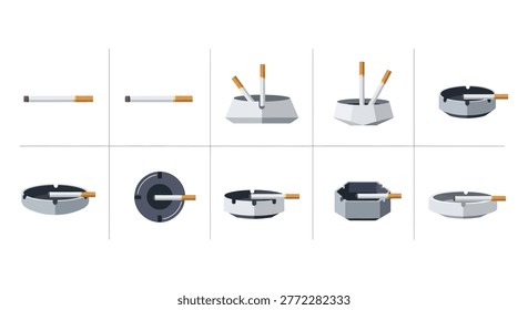 A collection of flat design icons showcasing cigarettes and various ashtrays, representing smoking and its aftermath.