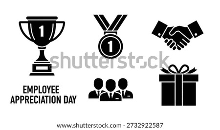 Collection of flat design icons symbolizing employee appreciation, including a trophy, medal, handshake, and gift, perfect for corporate recognition.